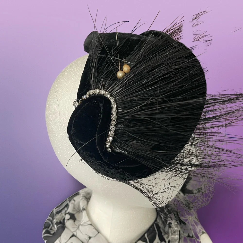 Vintage 50’s 60’s Black Velvet Fascinator Derby Hat Feather, Rhinestone Details
